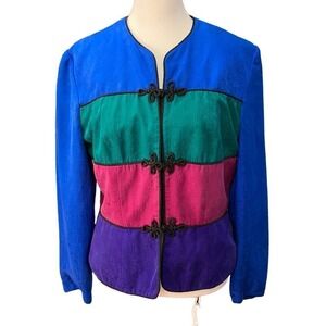 Vintage Adrianna Papell color block bows jacket top silk pink blue green size 10